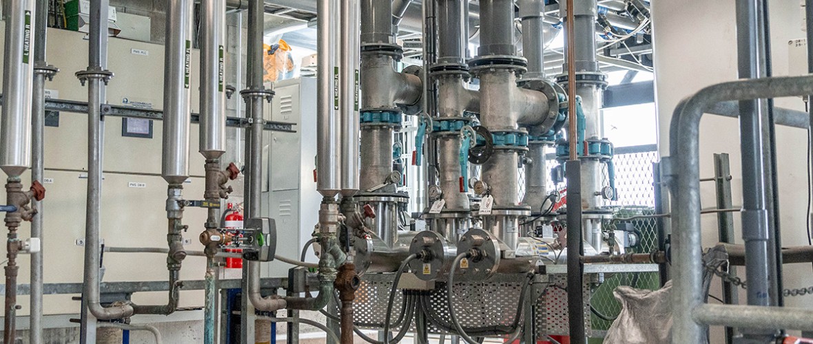 The maze of plumbing works that feed the centre’s various systems including the showers, potable water and pools.